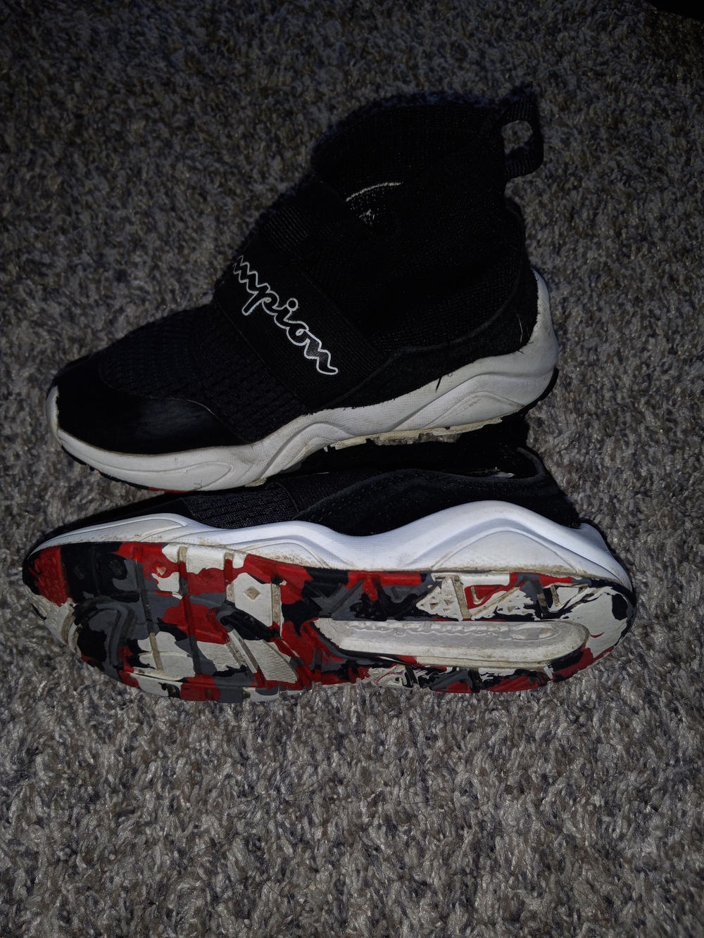 Champion Kids Black Sneakers with Red & Gray Camo Outsole